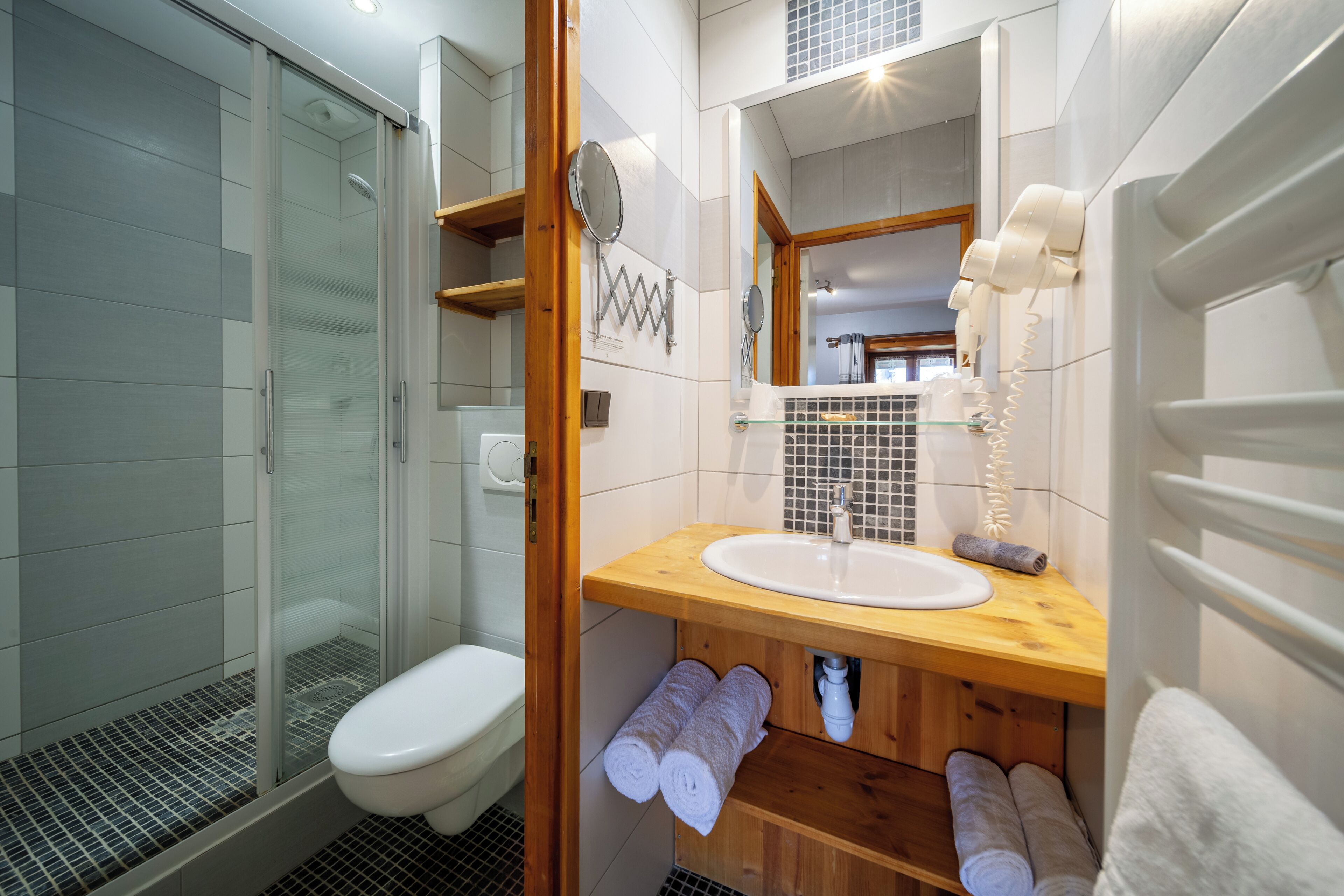 family room | bathroom | shower, hair dryer, towels