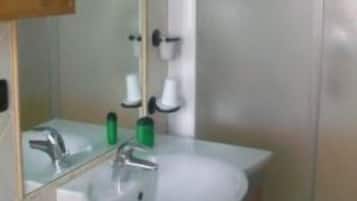 A bathroom with a white sink, a mirror, and a shower enclosure.