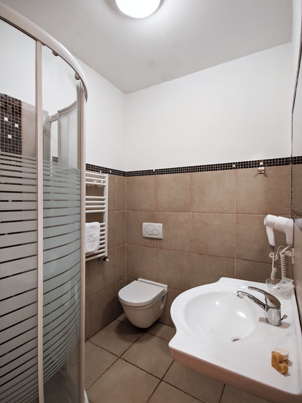 A bathroom with a glass shower enclosure, a toilet, and a sink with a mirror. - B&B Siena in Centro - Diffuso (Siena)