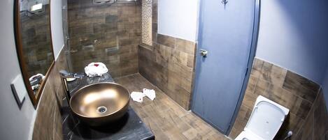 A bathroom with a modern sink, a toilet, and a shower area.