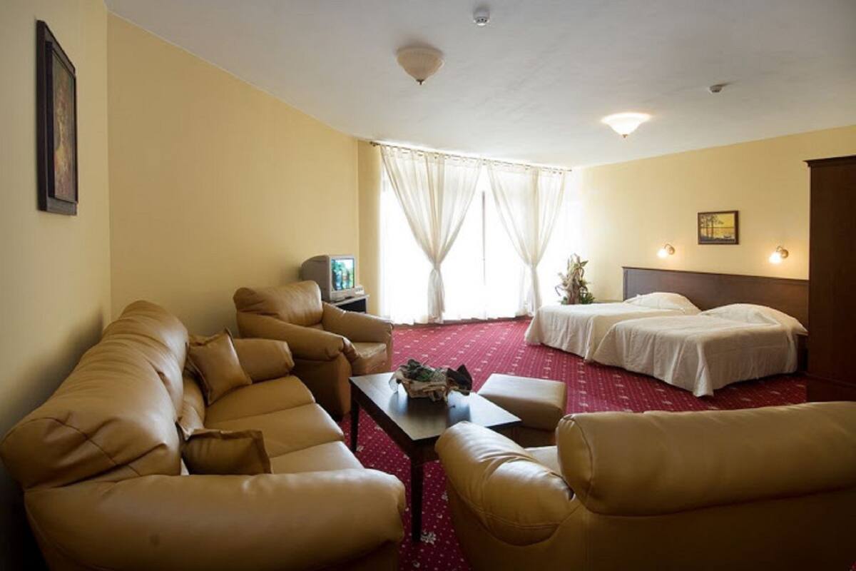 A hotel room with a beige sofa set, a single bed, a small table with a plant, and a TV.