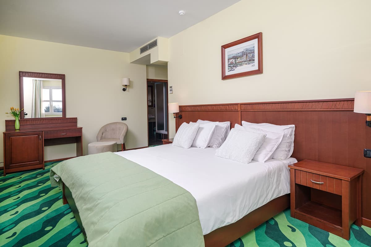Ein Hotelzimmer mit Bett, Schreibtisch, Stuhl, Nachttisch, Lampe, Spiegel und einem gerahmten Bild an der Wand.