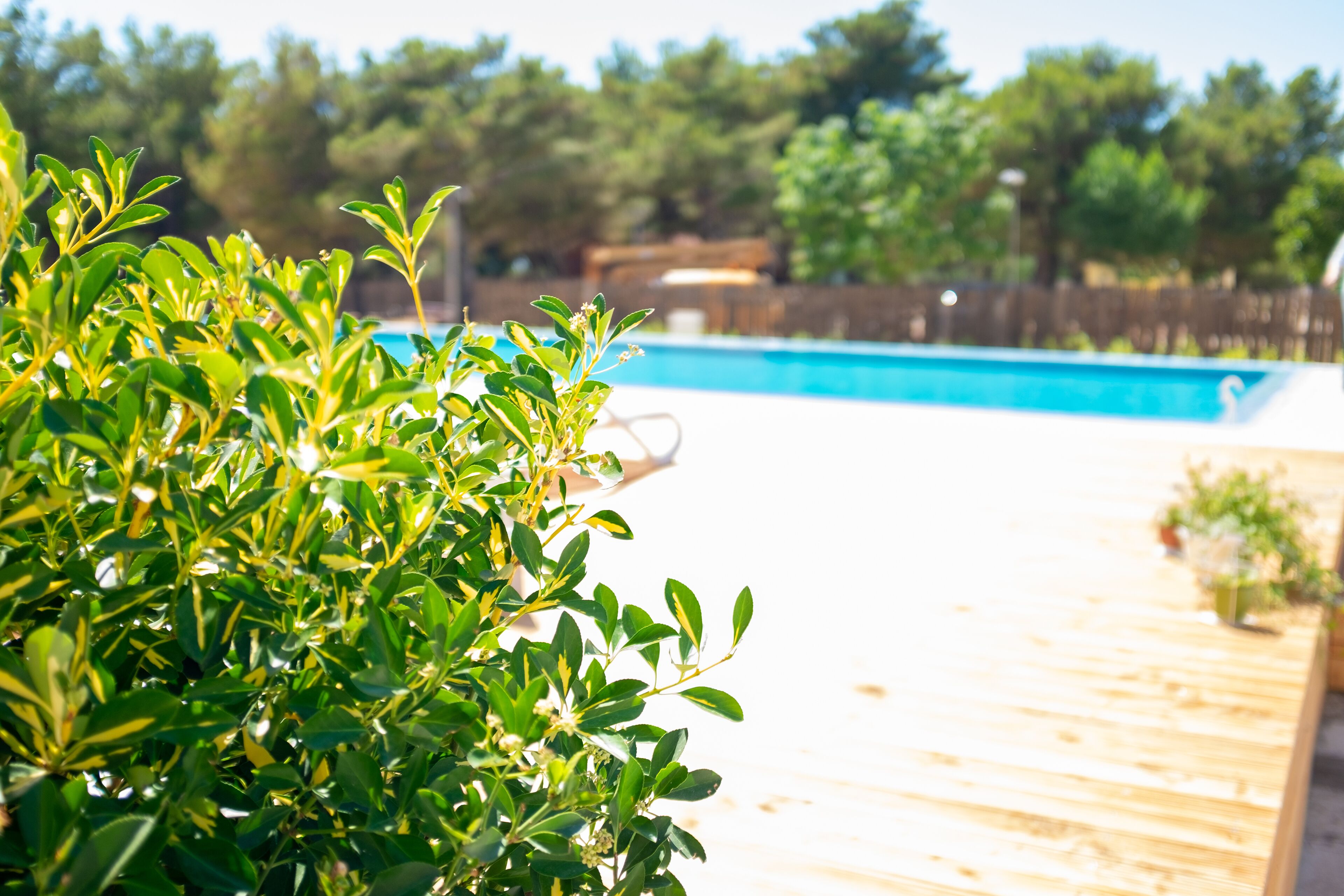 Una terraza de madera con una piscina al fondo.