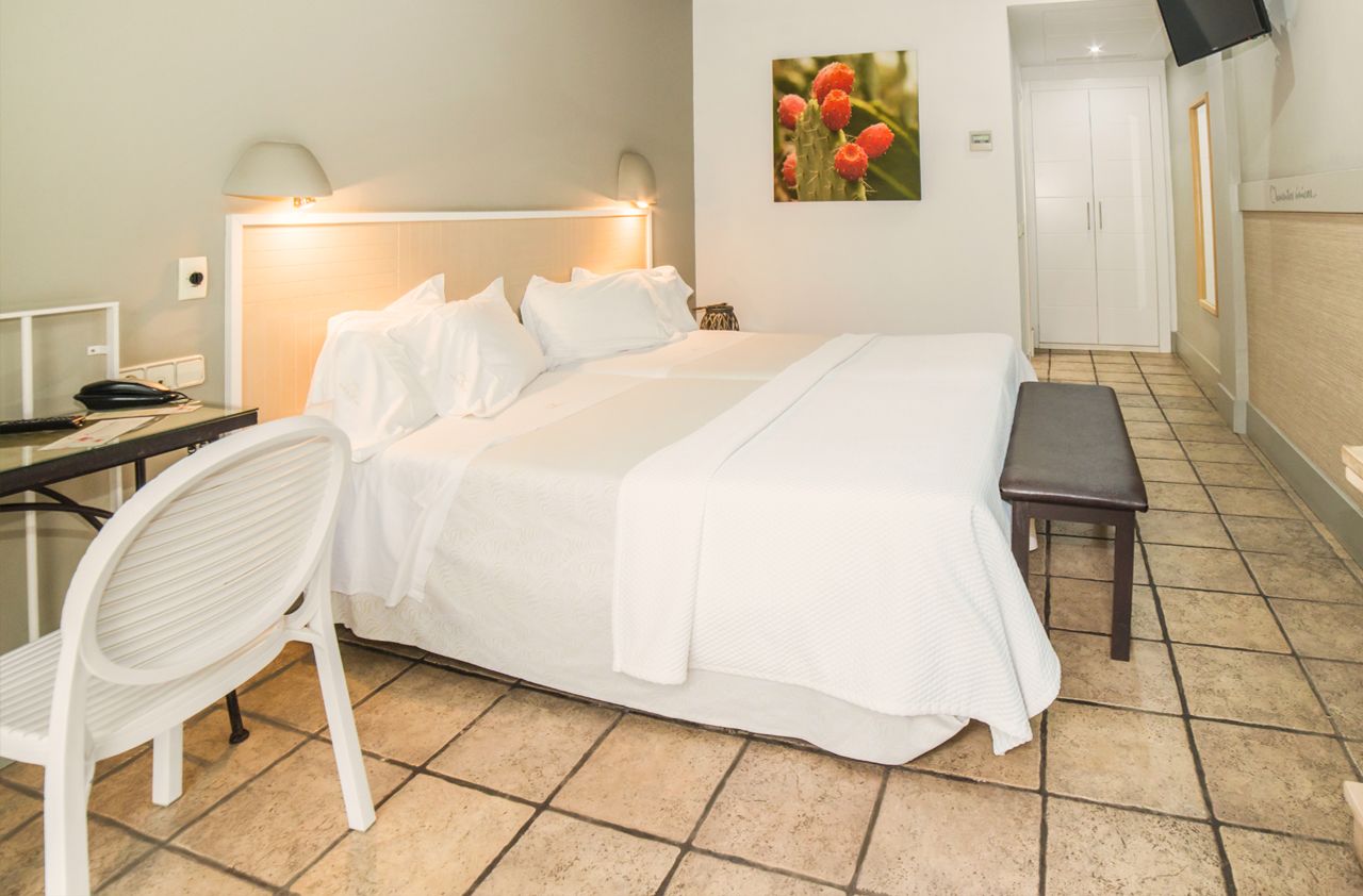 A hotel room with a bed, a desk, a chair, a bench, and a TV mounted on the wall.