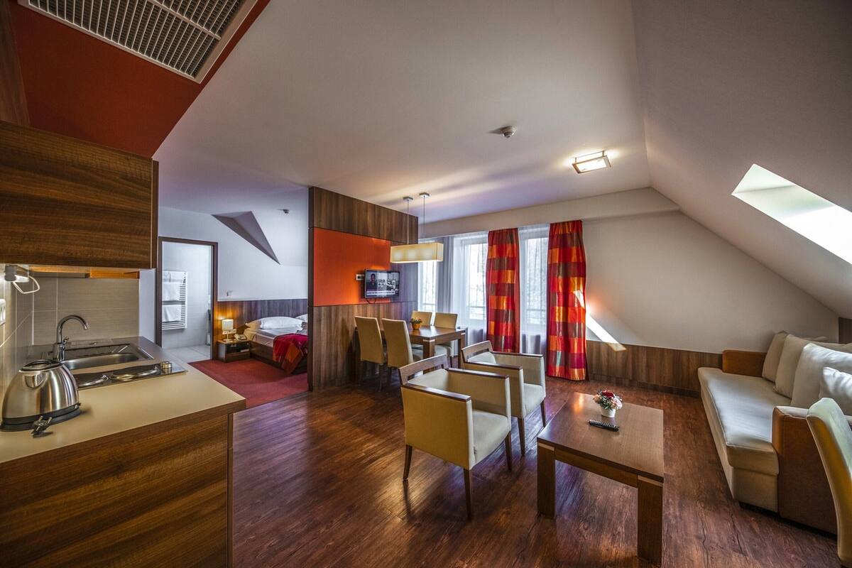 A modern hotel room with a kitchenette, a dining area, a sofa, and a TV.