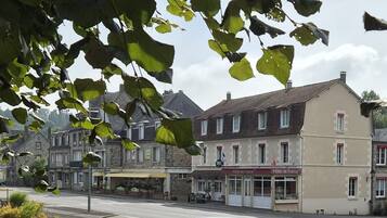 Una hilera de edificios con varios letreros de hotel, incluyendo 'Hôtel de France'.
