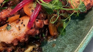 Un plat composé de poulet grillé, de légumes et de verdure, servi dans une assiette verte.