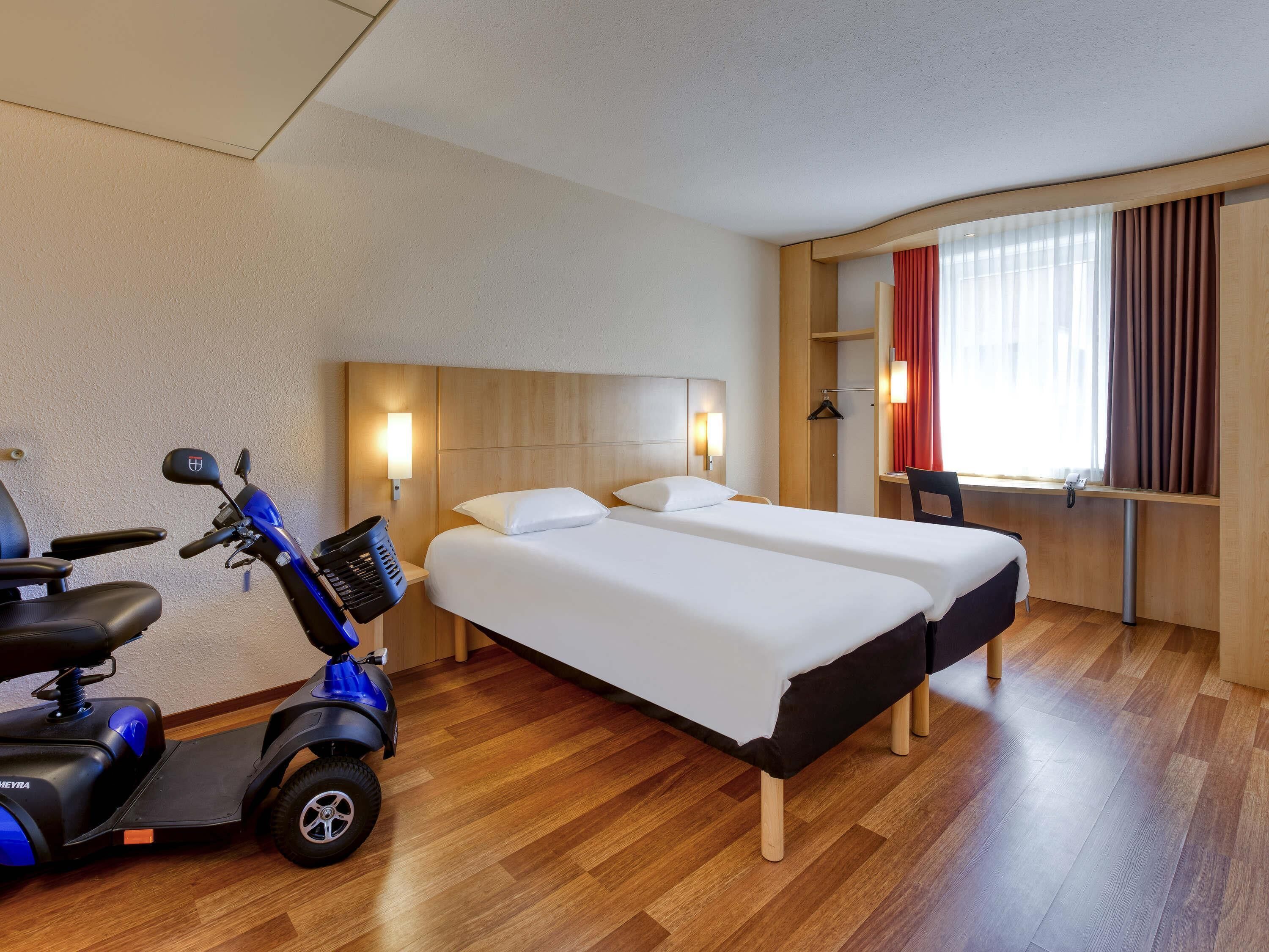 hypo-allergenic bedding, desk, blackout curtains, soundproofing