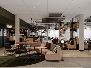 Un intérieur moderne comprenant un bar, des espaces de détente et un escalier.