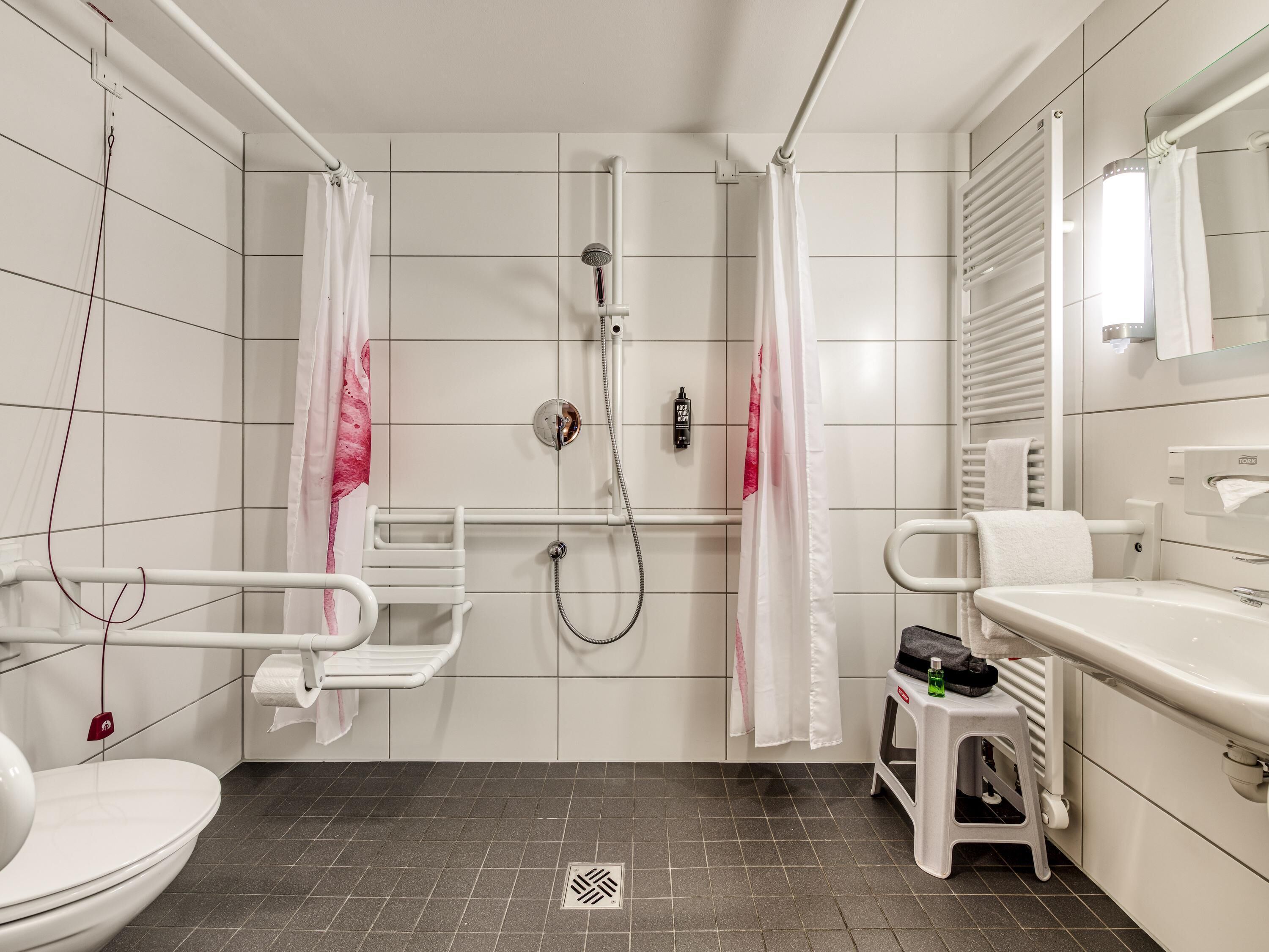 hypo-allergenic bedding, desk, blackout curtains, soundproofing