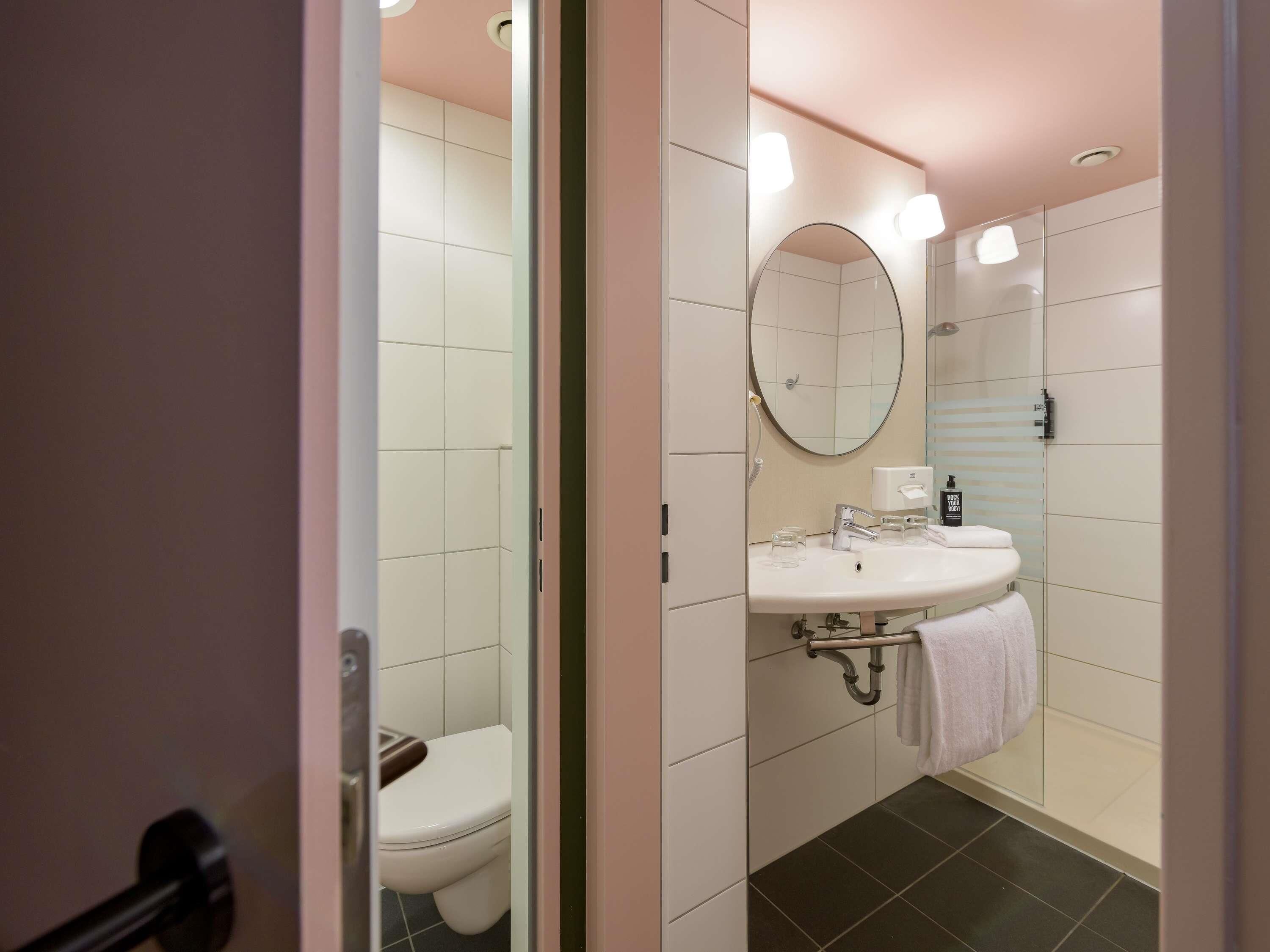 Un baño con inodoro, lavamanos y espejo.