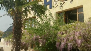 Un edificio con una gran 'H' y un mural de lagarto, rodeado de follaje y flores púrpuras.