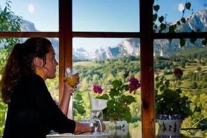 A person sitting at a table with a view of a mountainous landscape through a window.
