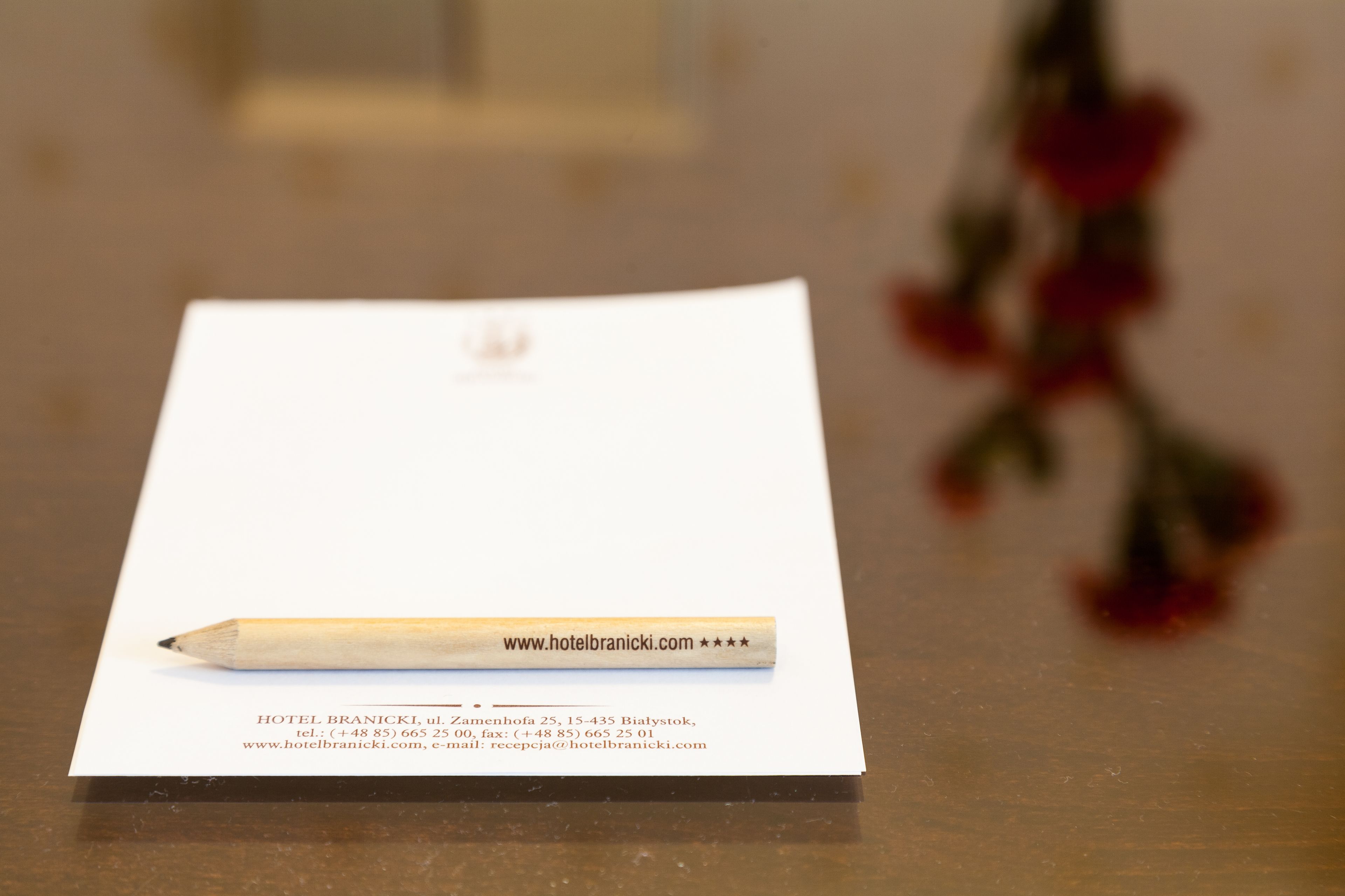 A hotel brochure on a table with a pencil and a blurred red flower in the background.