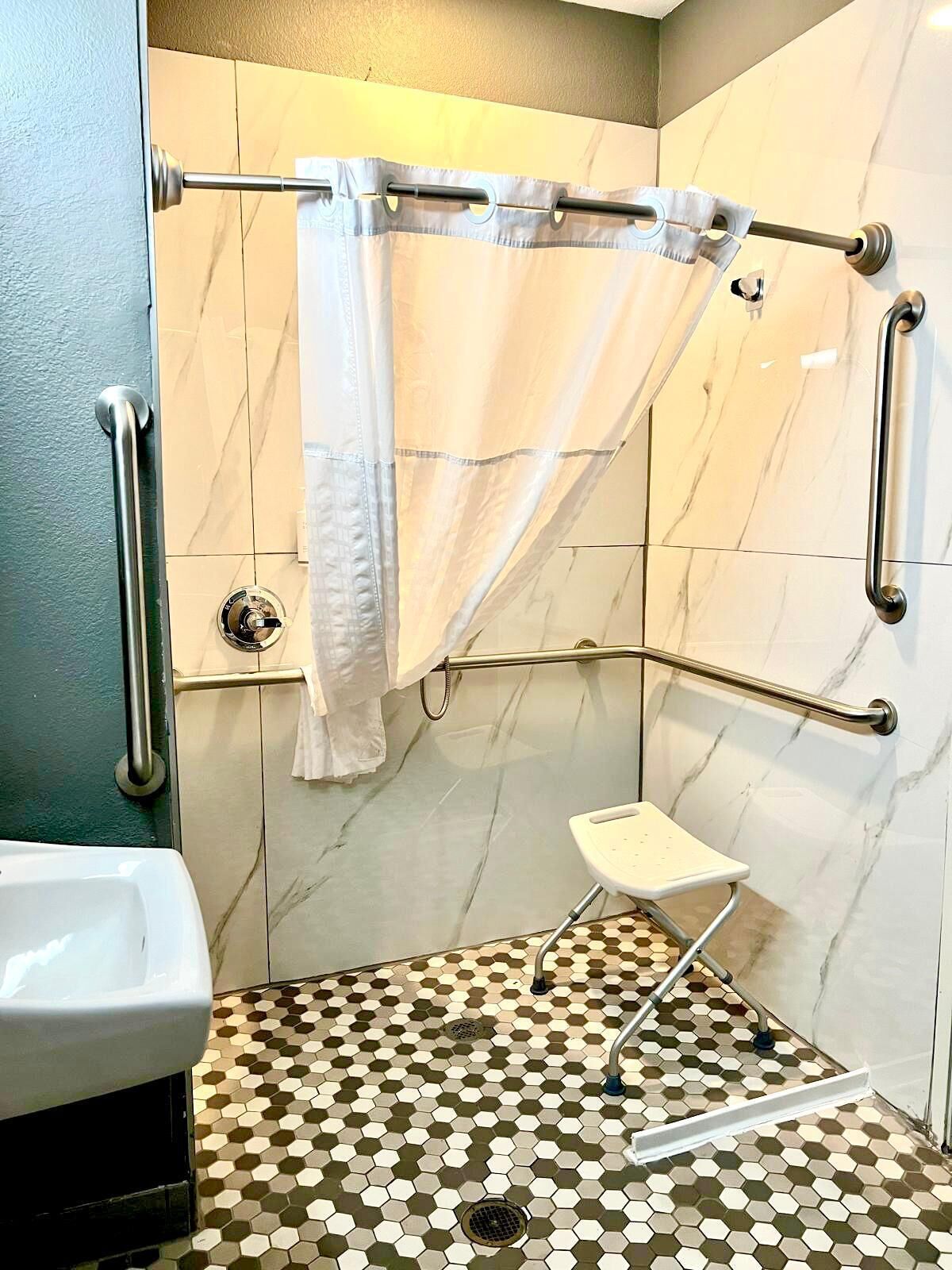 room, 2 queen beds, accessible, non smoking (mobility/hearing, roll-in shower) | bathroom | combined shower/bathtub, hair dryer, towels
