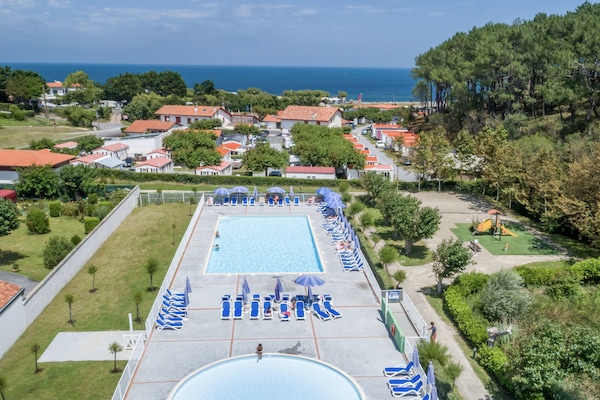 Seasonal outdoor pool, pool umbrellas, pool loungers