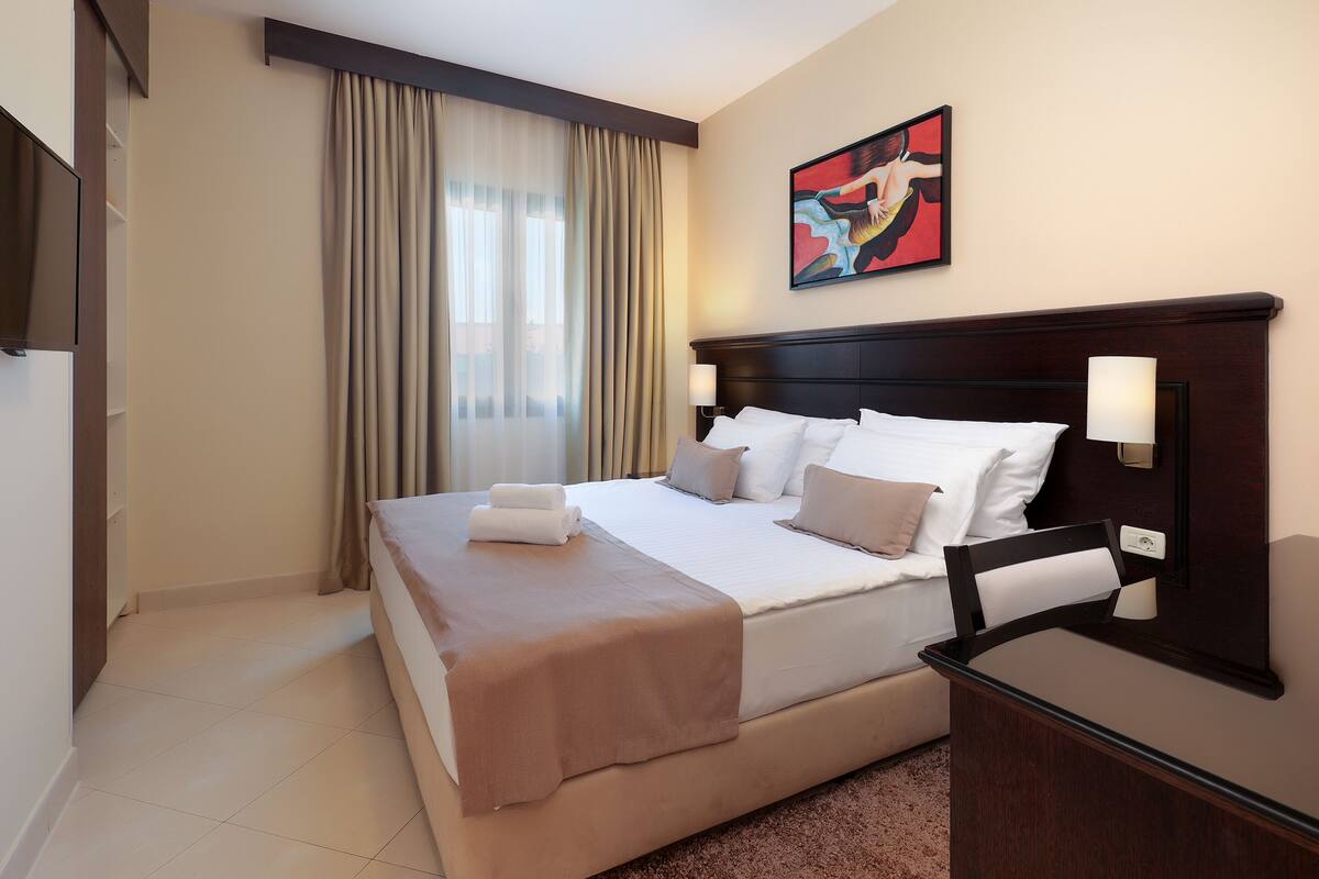 Habitación de hotel con una cama grande, televisión de pantalla plana, un cuadro en la pared y una ventana con cortinas.