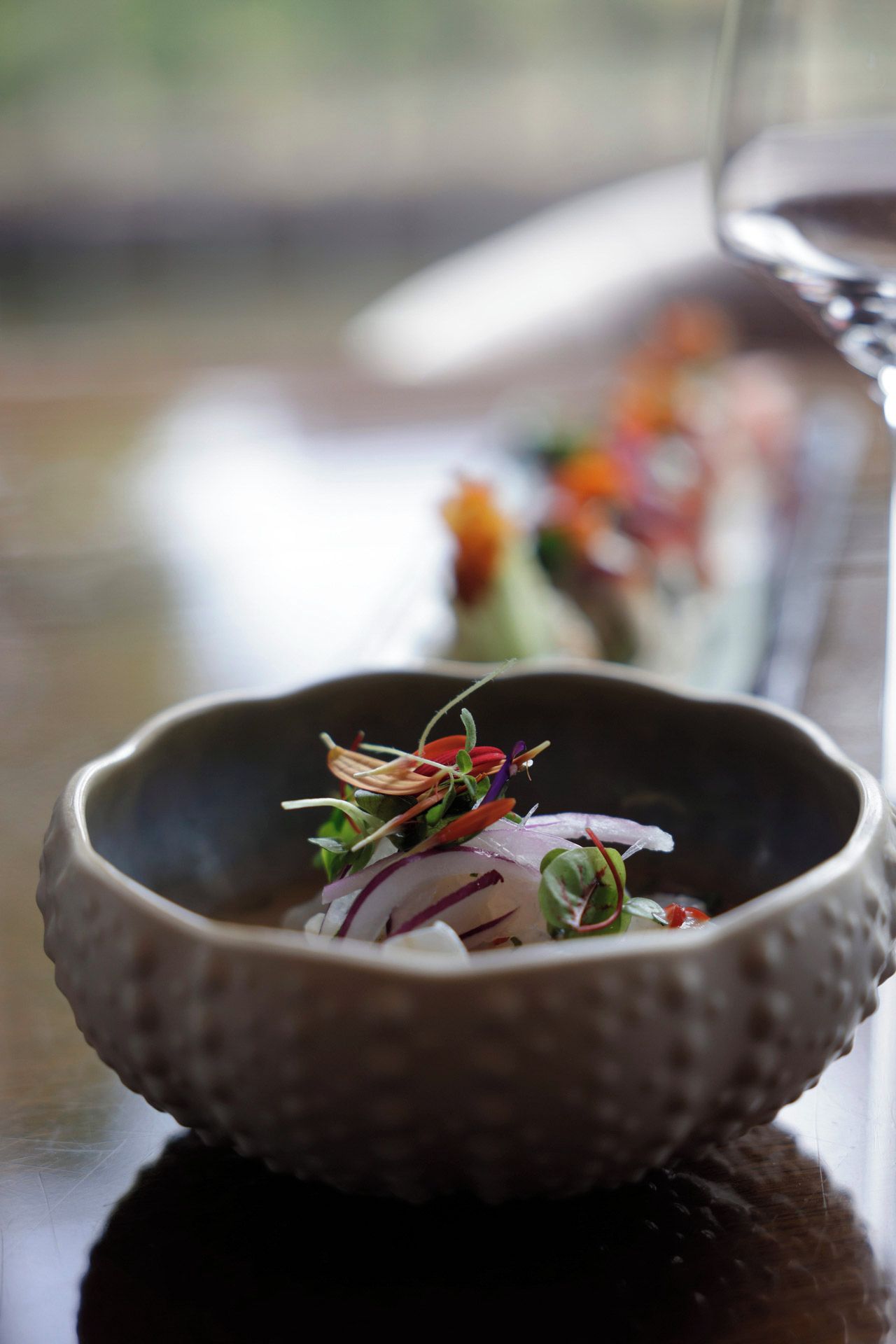 A bowl of food with a blurred background.