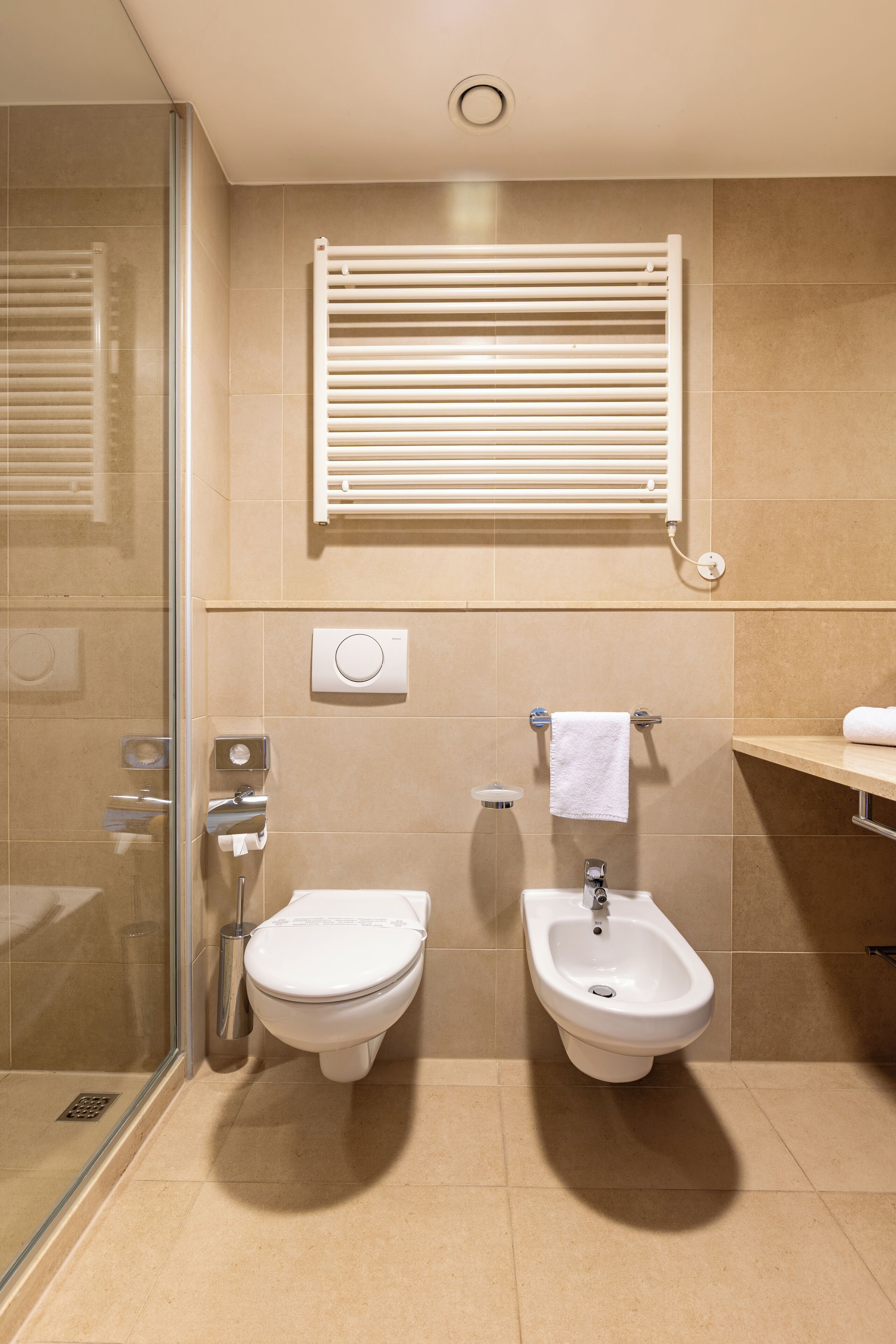 A modern bathroom with a glass shower enclosure, a toilet, a bidet, and a towel rack.