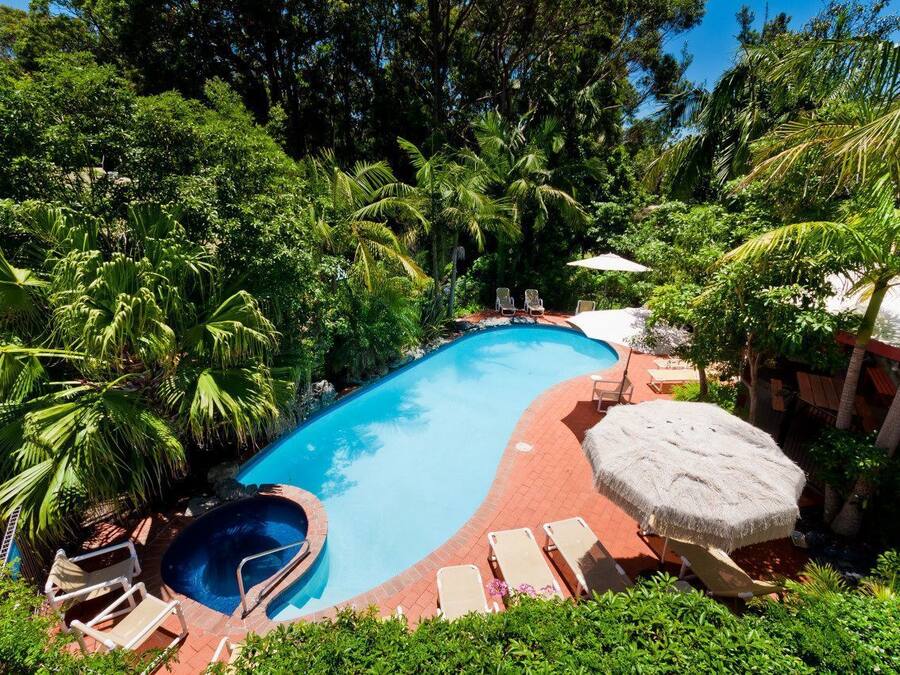 Outdoor pool, pool umbrellas, pool loungers