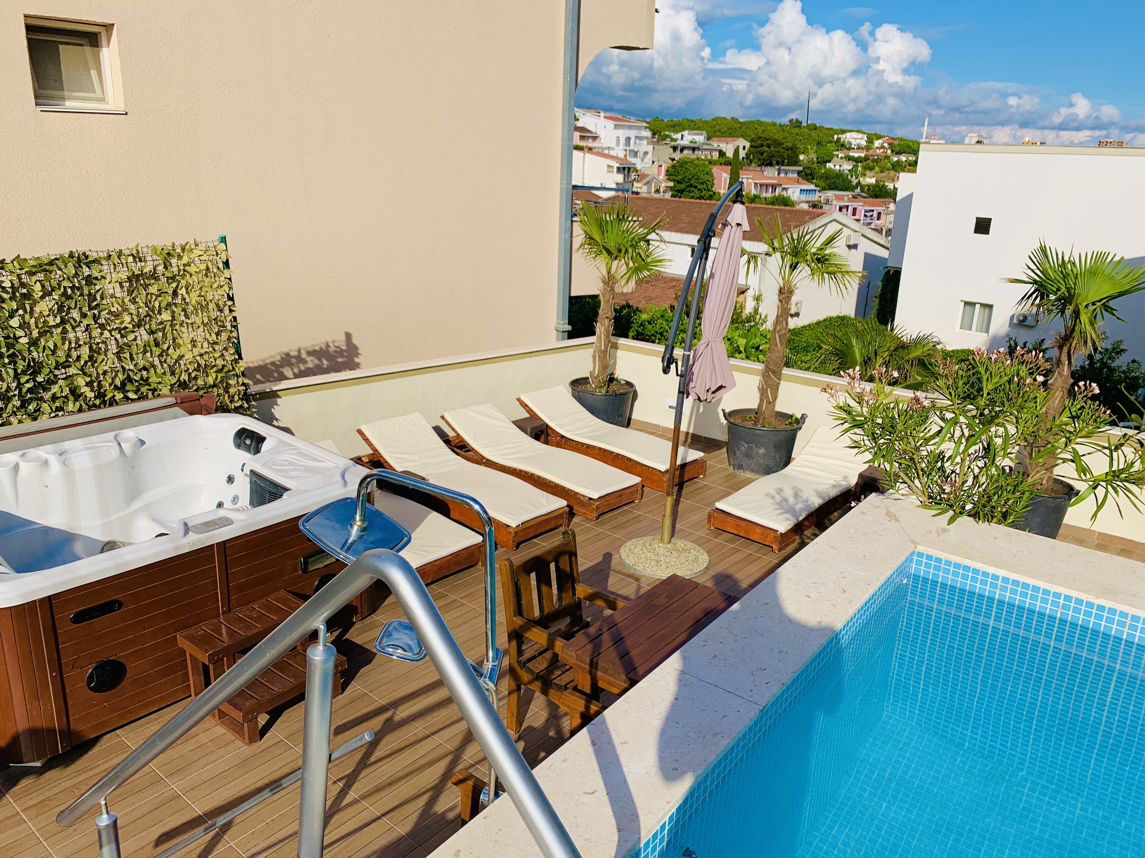 LCD TV, DVD player, iPod dock, first-run movies