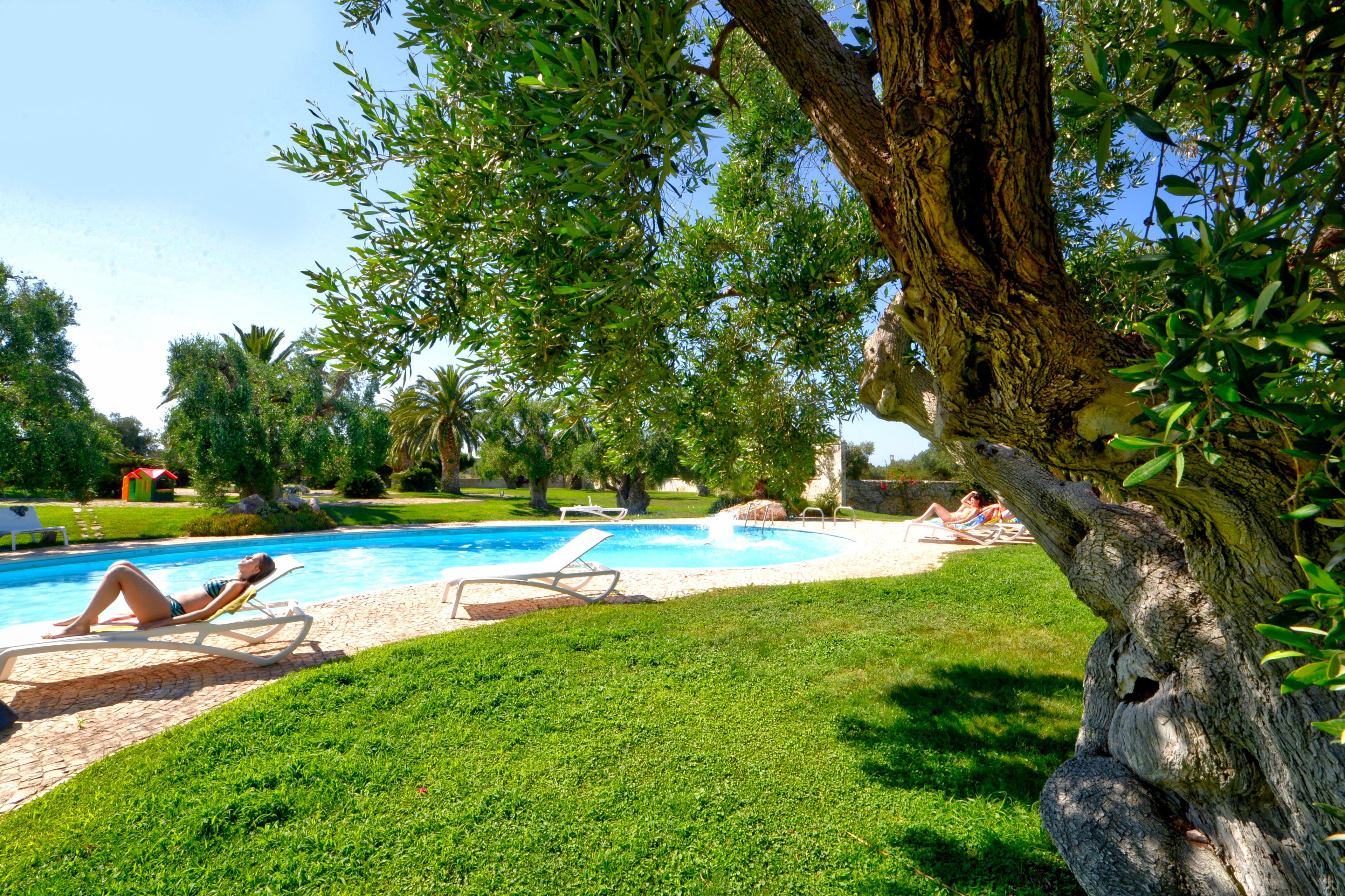 seasonal outdoor pool, pool umbrellas, pool loungers