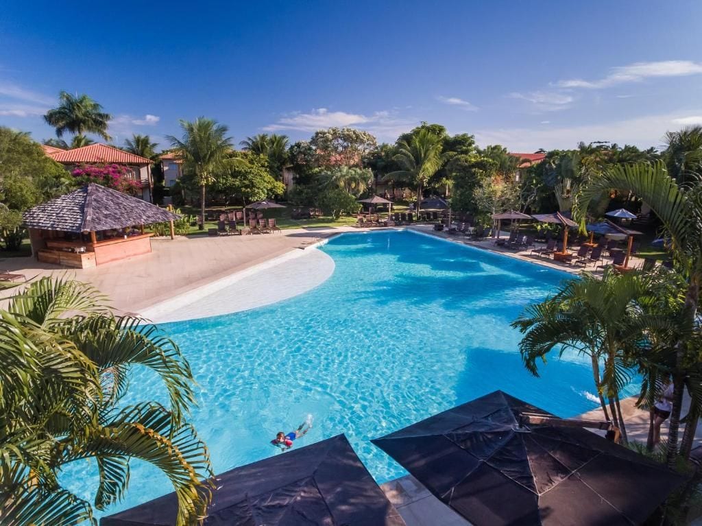 Uma grande piscina com água azul cristalina, cercada por palmeiras e espreguiçadeiras.