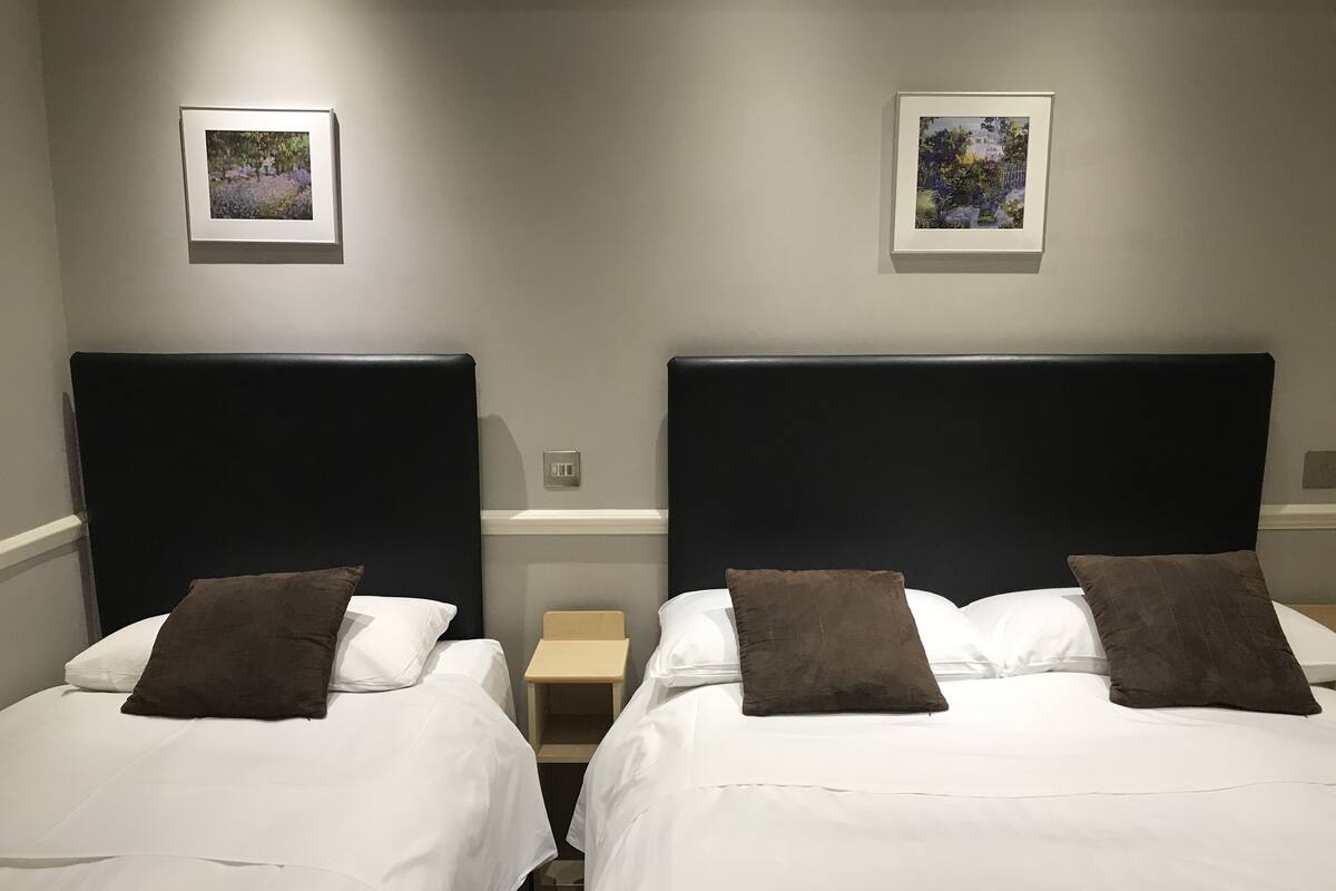 Deux lits simples avec des têtes de lit sombres, du linge de lit blanc et des oreillers marron. Il y a deux petites tables de chevet avec des lampes.