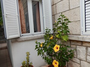 A potted plant with yellow flowers next to a window with white shutters. - Dubrovnik Apartments Kovacec (Dubrovnik)