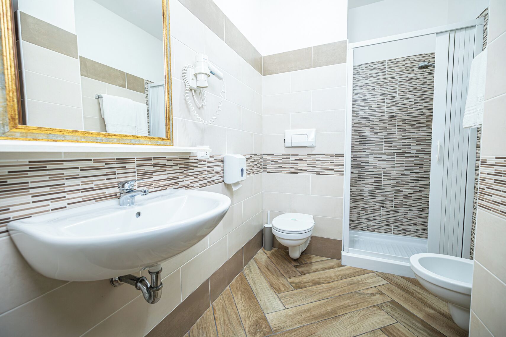 shower, rainfall showerhead, designer toiletries, hair dryer