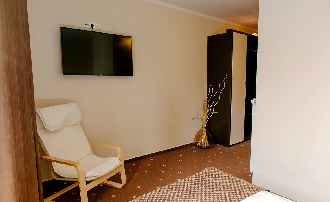 A hotel room with a flat-screen TV mounted on the wall, a wooden chair, a patterned rug, and a vase with branches.