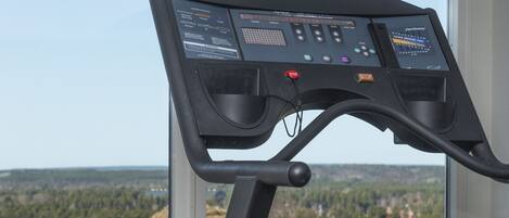 Ein Laufband mit digitaler Anzeige vor einem Fenster mit Blick auf eine Landschaft.