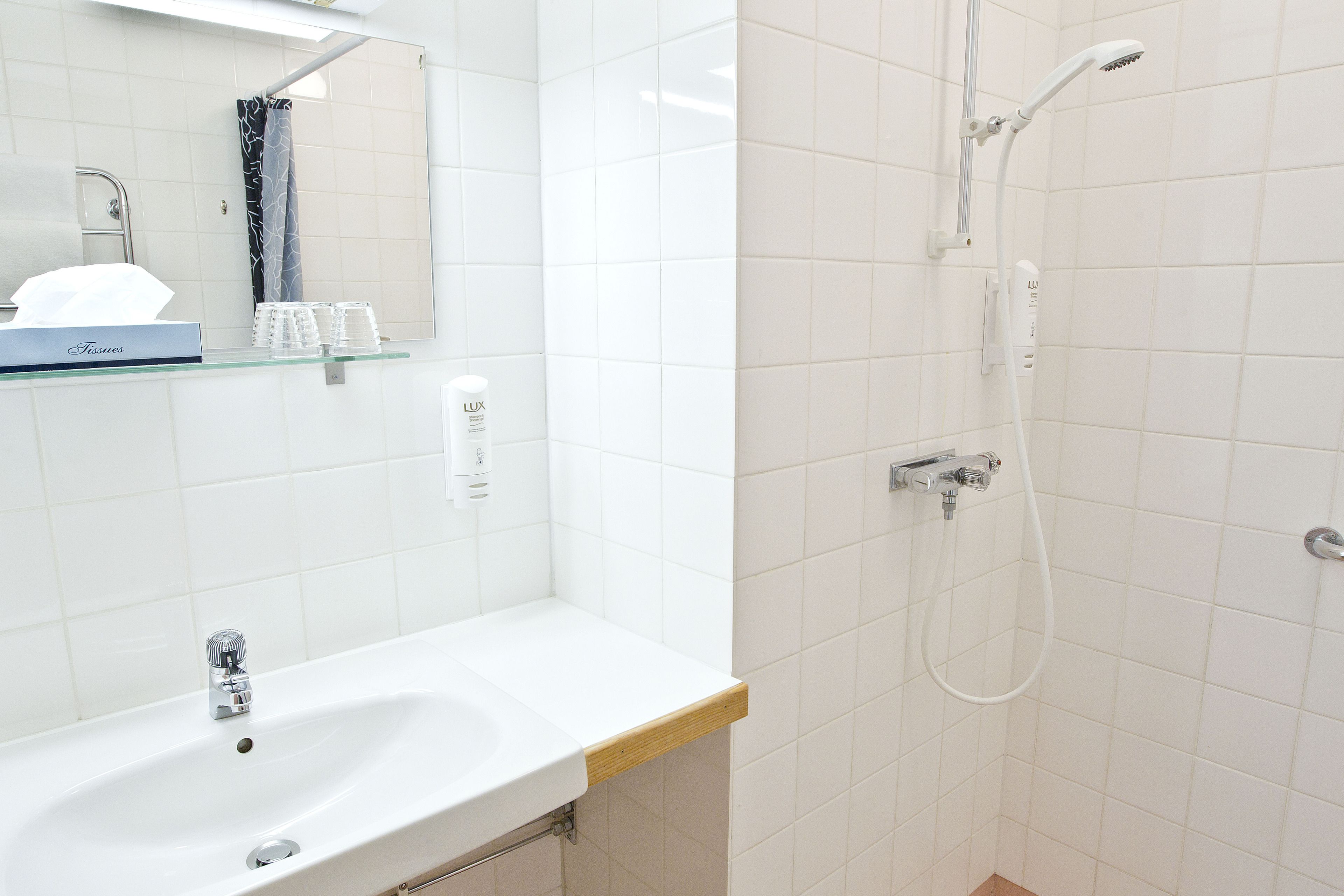 A bathroom with a white sink, a mirror, a shower, and a glass shelf with toiletries.