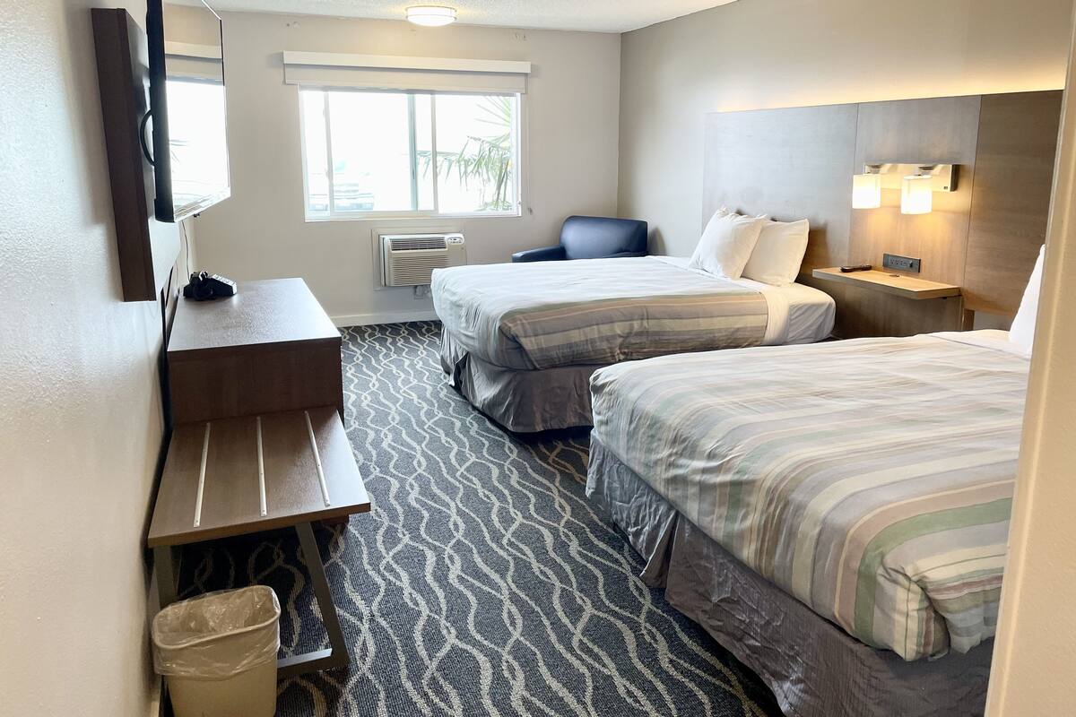 A hotel room with two beds, a desk, a chair, a TV, and a window with a view of palm trees.