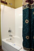 Bañera con ducha, secador de pelo, toallas