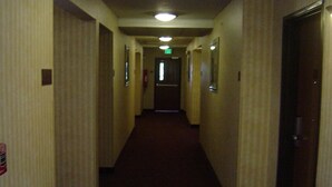 En smal hotelgang med tæppe på gulvet, lyse vægge og billeder i rammer på væggene.