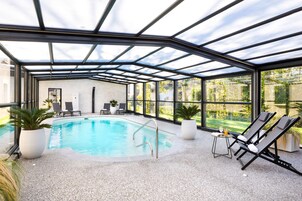 Seasonal outdoor pool, sun loungers