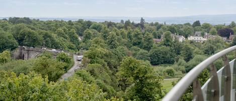 Une vue pittoresque d’un paysage verdoyant, avec un pont de pierre, une route et des bâtiments résidentiels en arrière-plan.