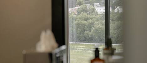 A bathroom with a window view of a green park and buildings.