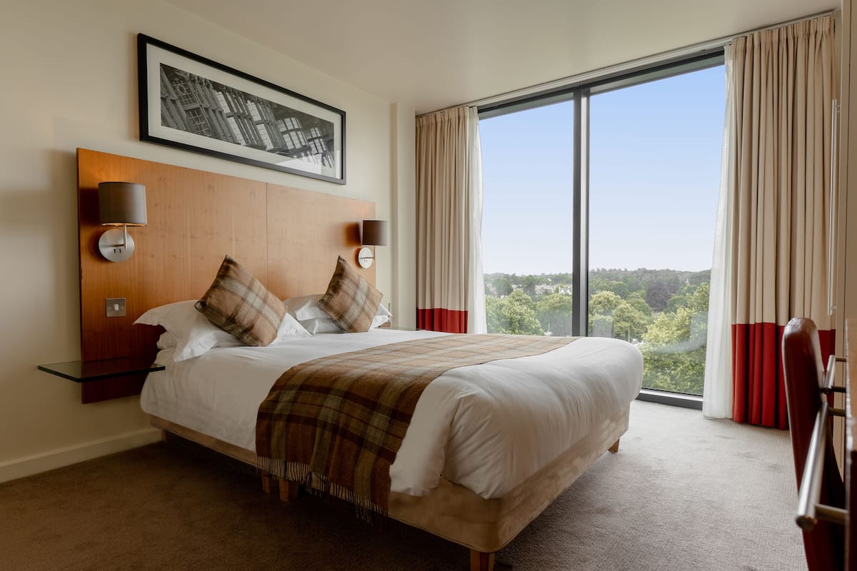 A hotel room with a large bed, a wooden headboard, a framed picture above the bed, a nightstand with a lamp, and a view of trees through a large window.