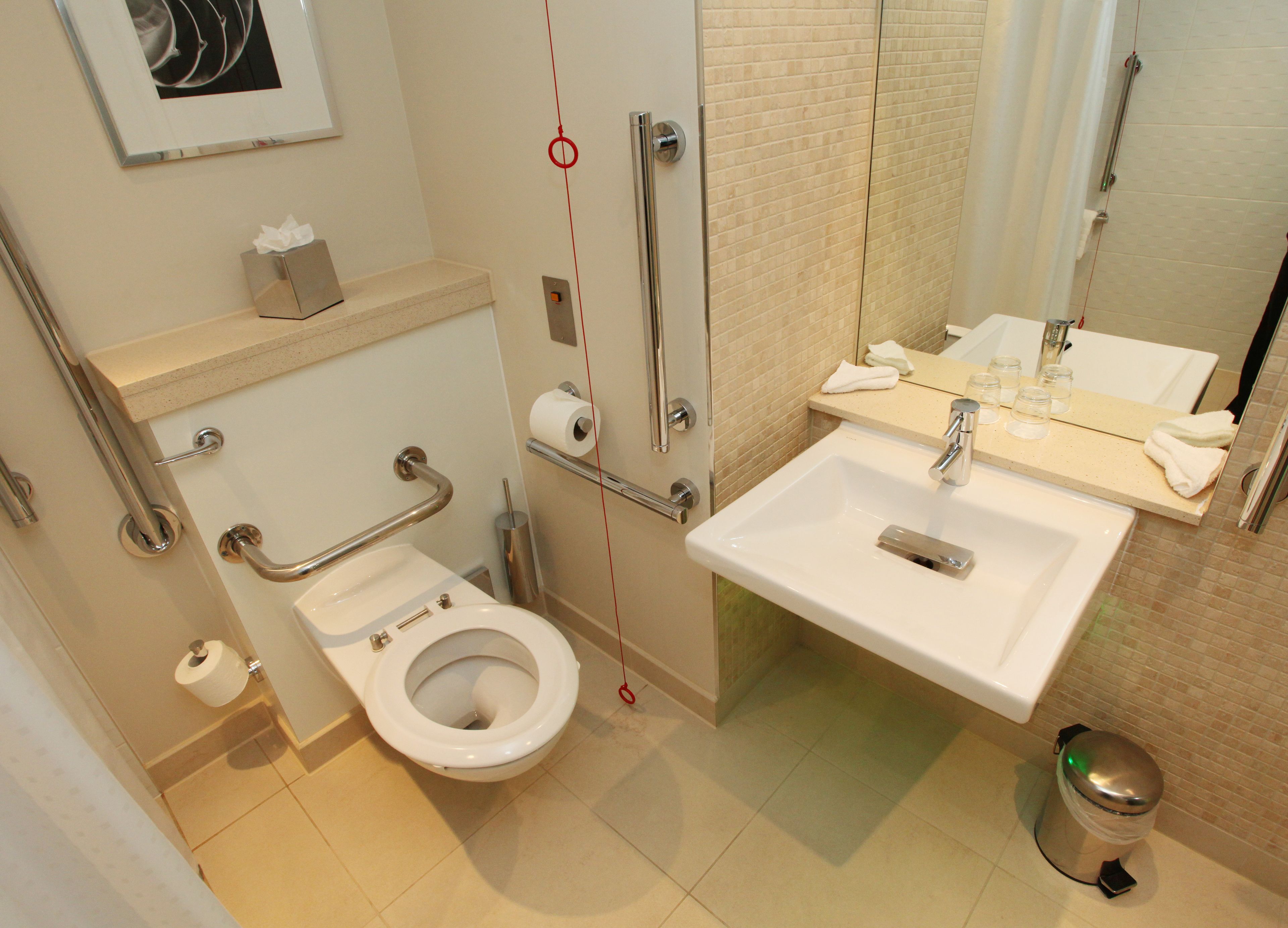 A modern bathroom with a toilet, sink, and handrails.