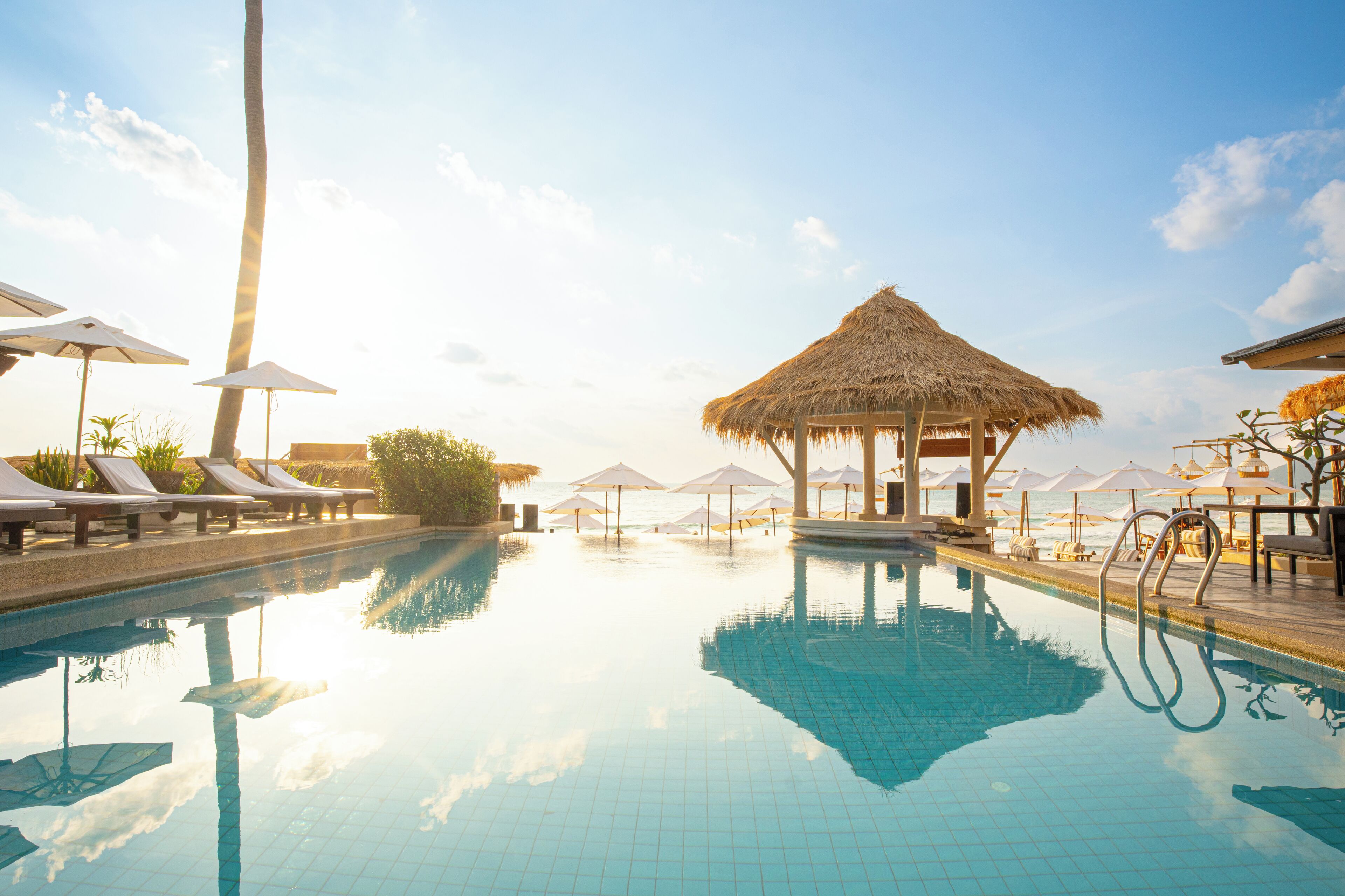 Piscine extérieure, parasols de plage, chaises longues