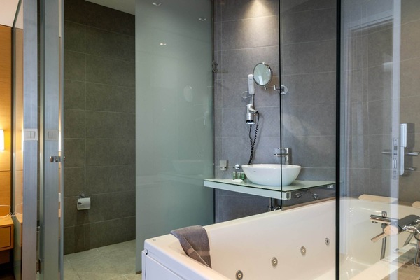 Executive Suite | Bathroom | Shower, rainfall showerhead, designer toiletries, hair dryer