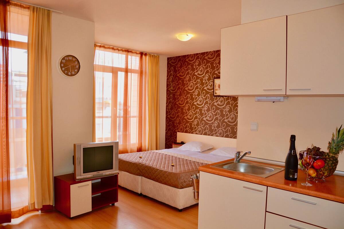 A hotel room with a bed, a TV, a sink, and a small kitchen area.