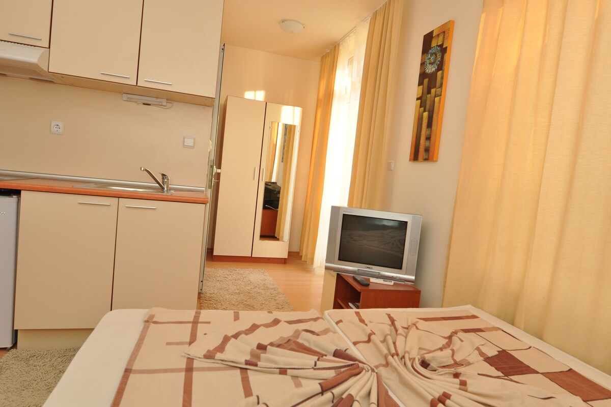 A hotel room with a bed, a television, a kitchenette, and a bathroom.