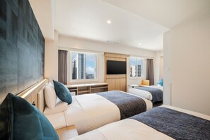 A hotel room with two beds, a desk, a TV, and a window with a city view. - Hotel MyStays Nagoya - Sakae (Nagoya)