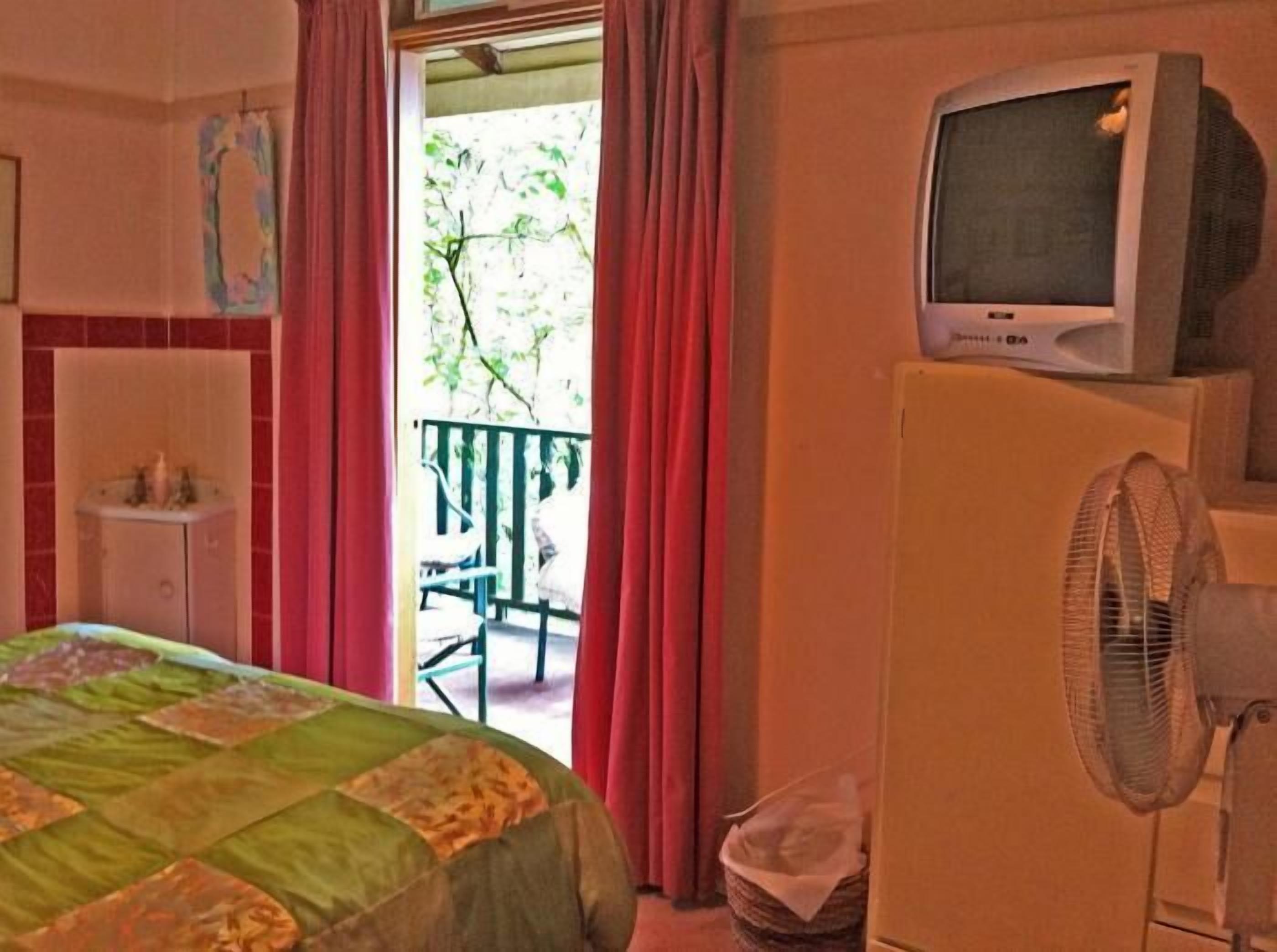 A room with a bed, a television on a stand, a fan, and a view of the outdoors through a window with curtains.