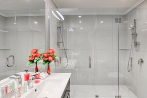 Eco-friendly toiletries, hair dryer, towels, soap