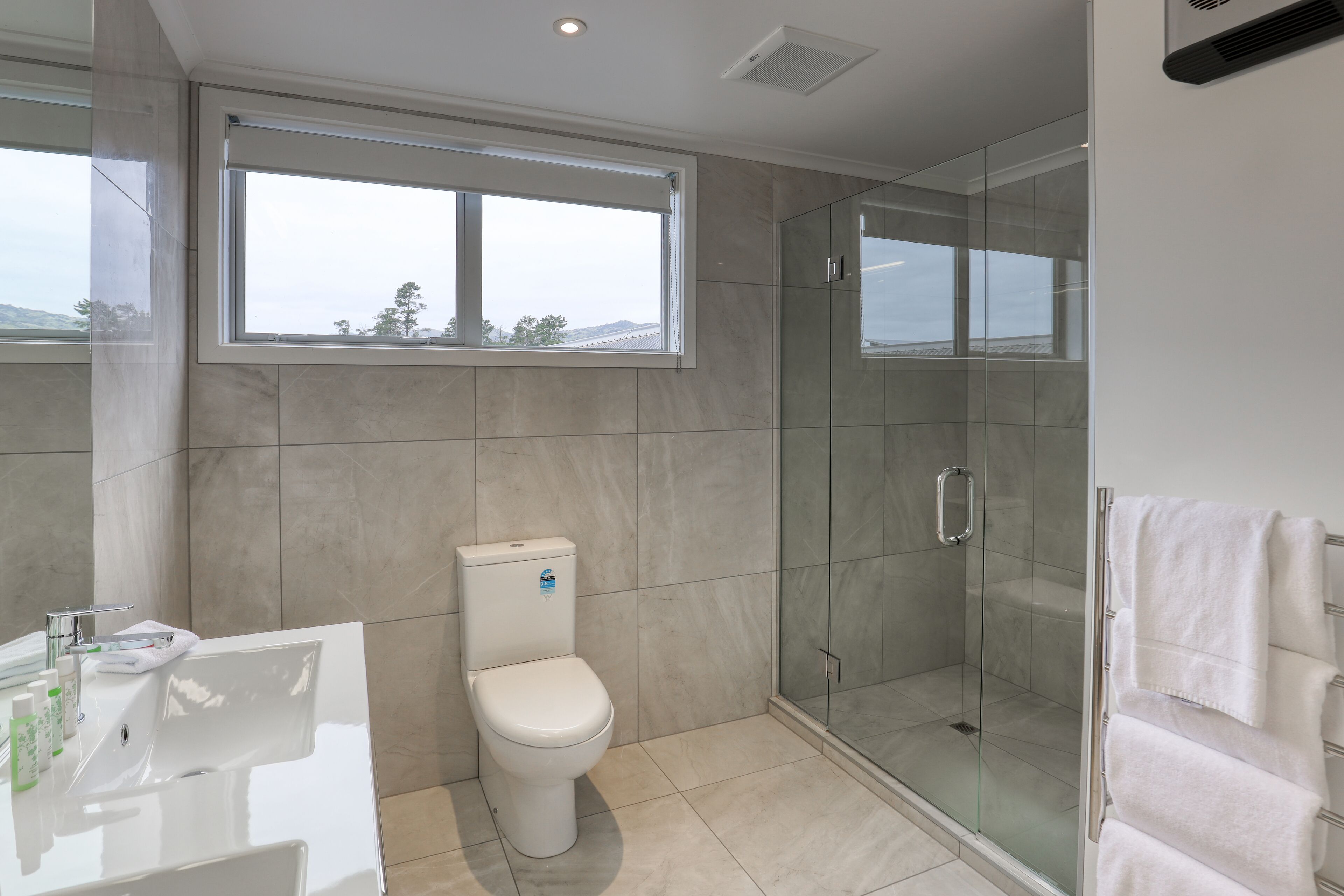 A modern bathroom with a toilet, sink, and glass shower enclosure.