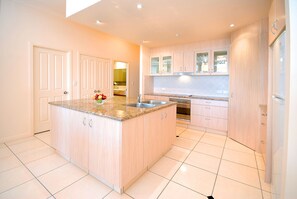 Full-sized fridge, microwave, oven, stovetop
